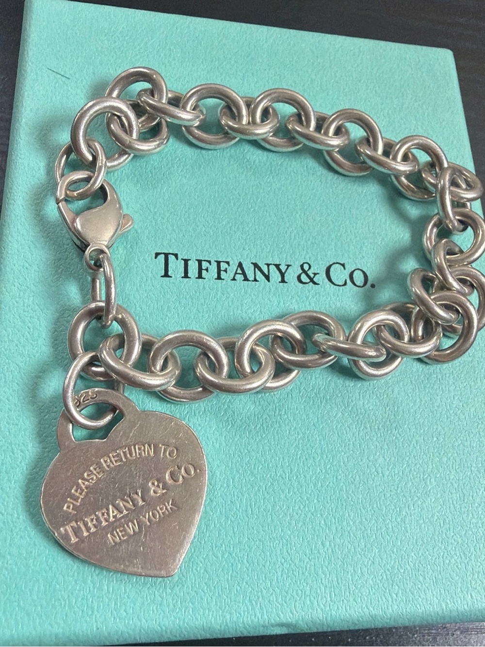 Tiffany & Co. Silver Heart Tag Link Bracelet on Tiffany Blue